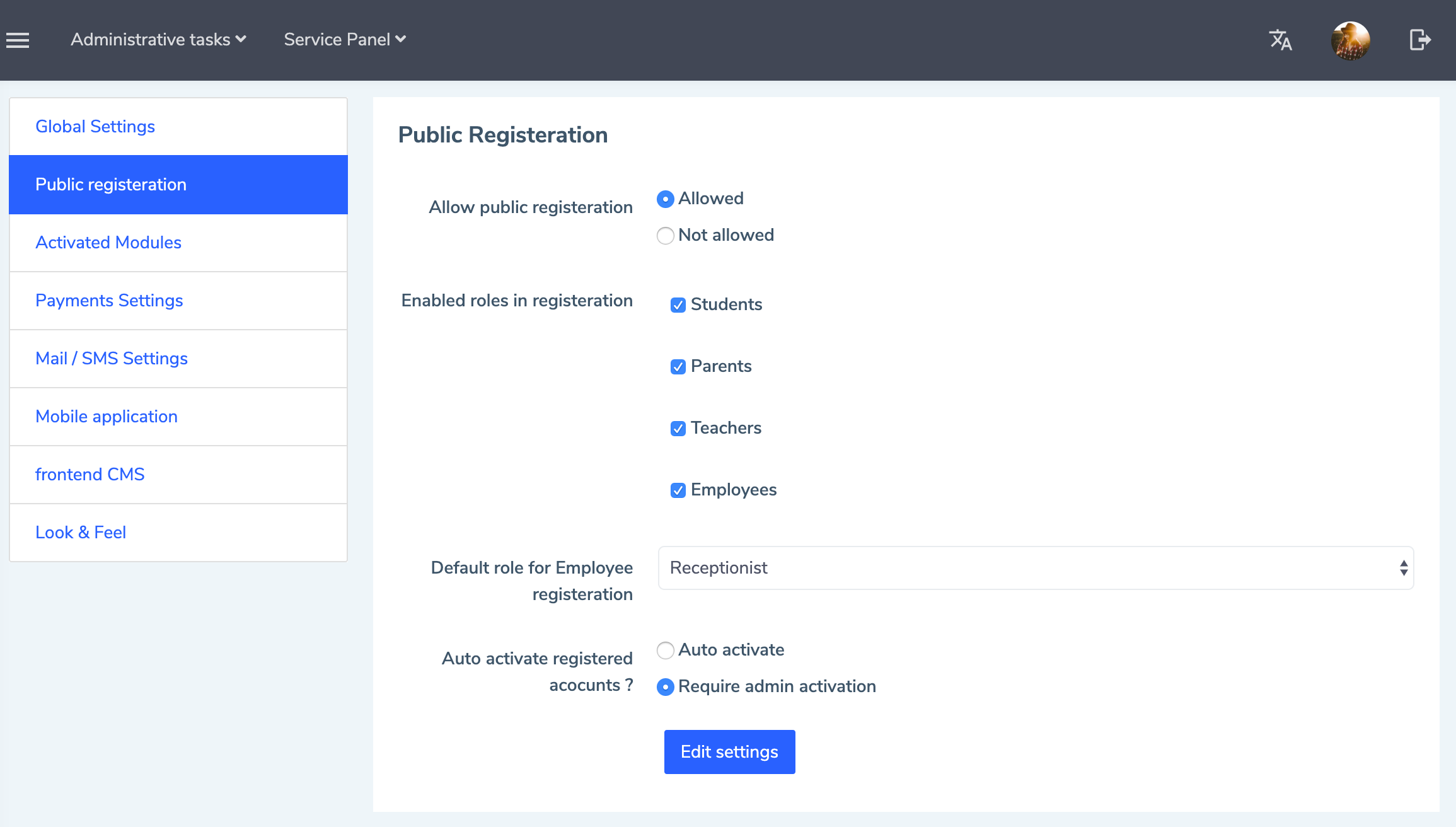 Eduopus Global settings public settings