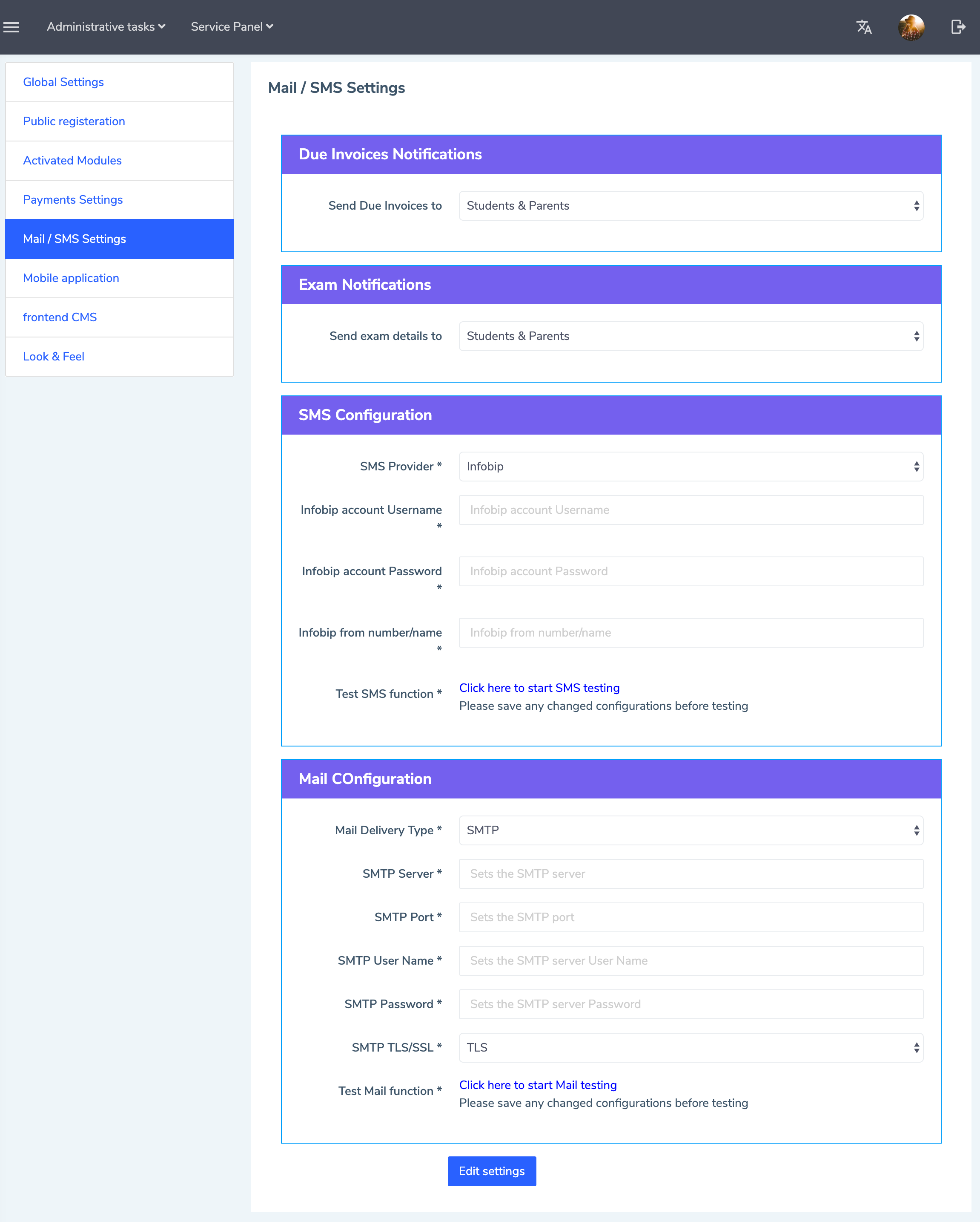 Eduopus Global settings Mail and sms