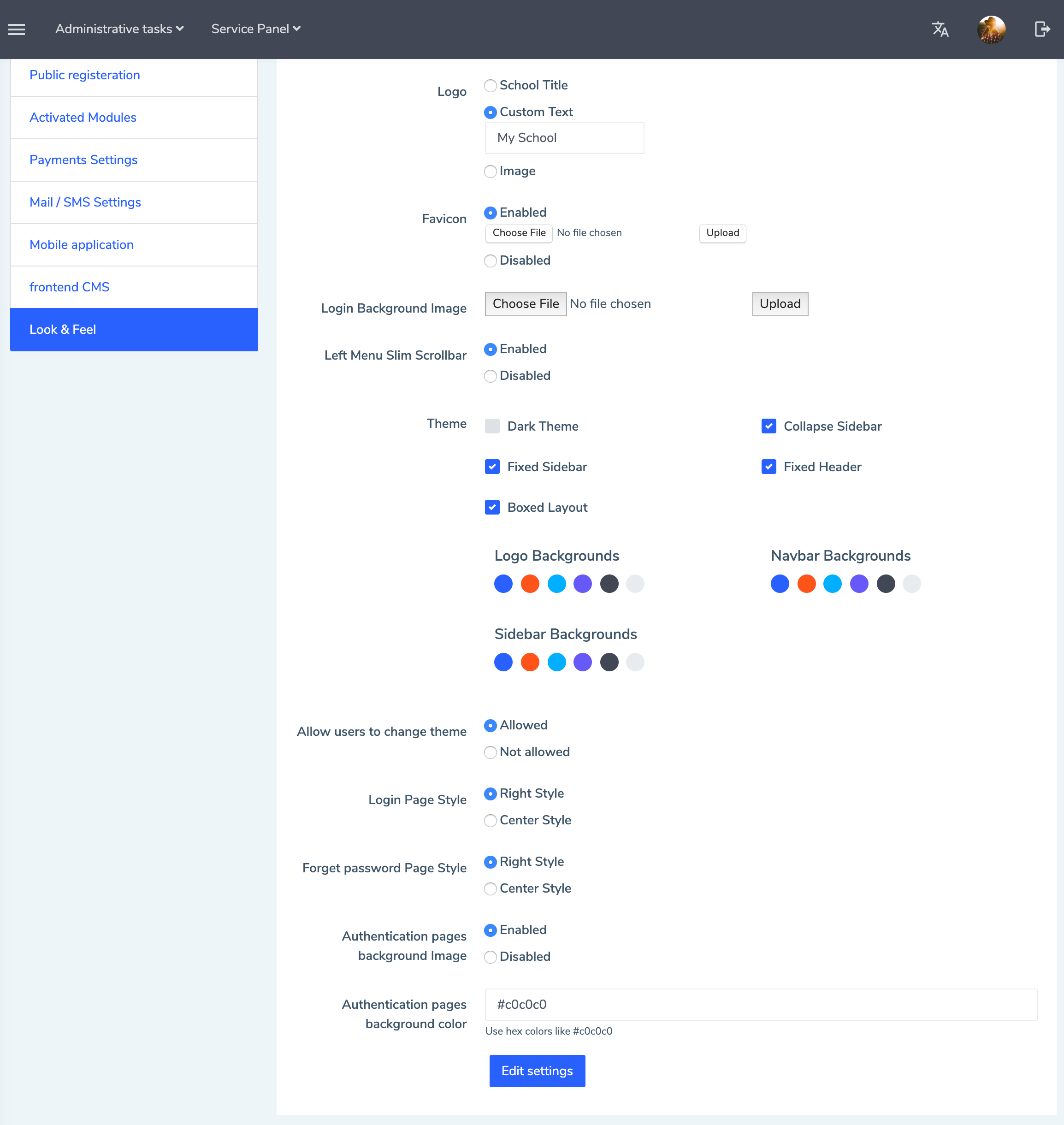 Eduopus Global settings look and feel