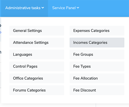 Income Categories Admin panel