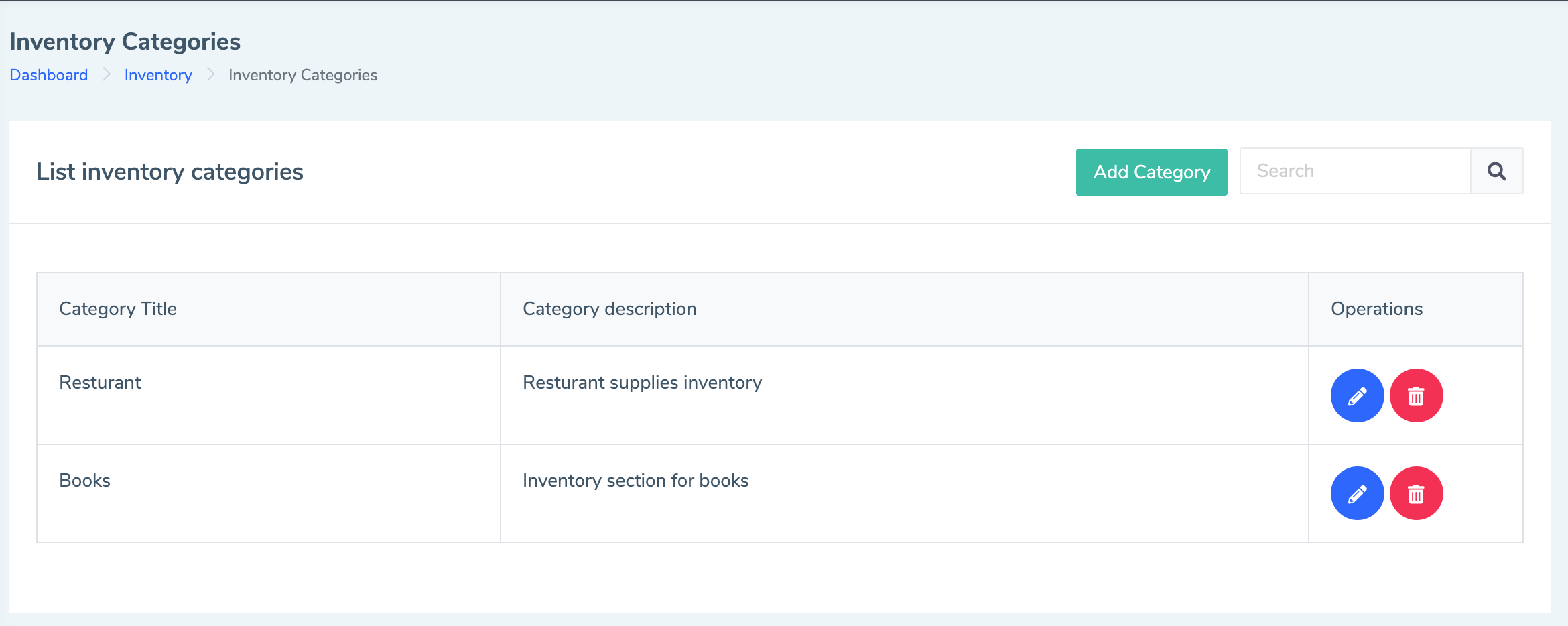 Eduopus Welcome Inventory categories list