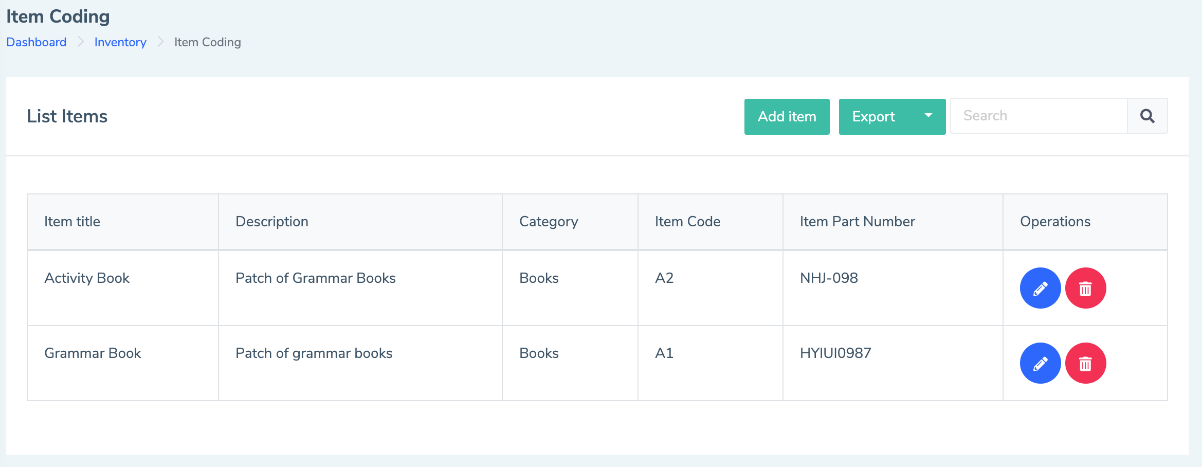 Eduopus Welcome Inventory items codes list