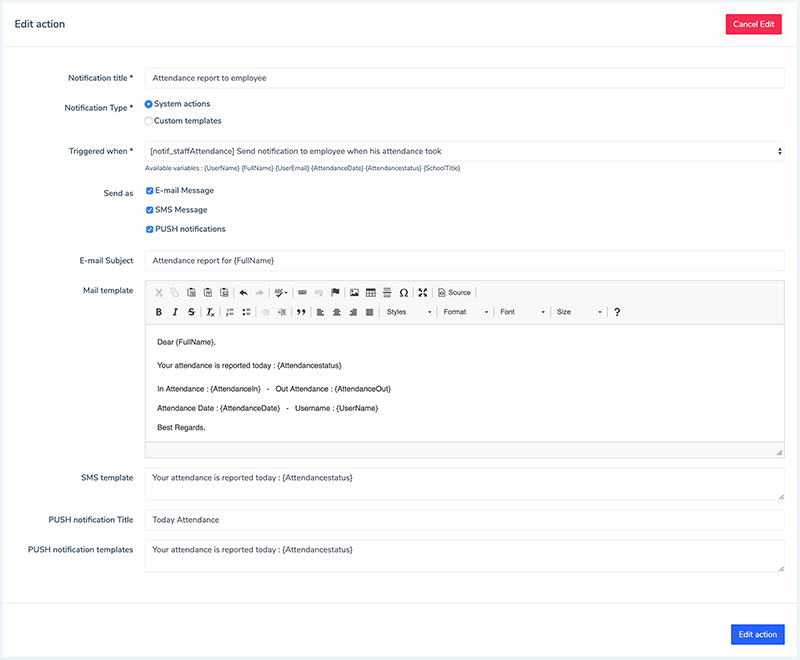 Add / Edit notification actions