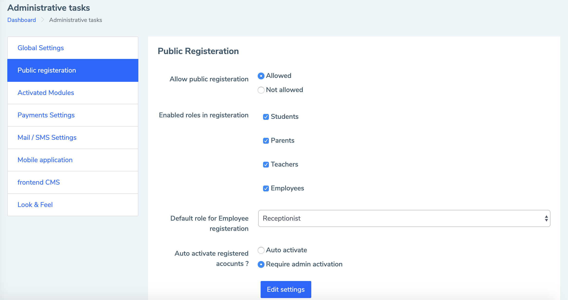 Eduopus public registration control