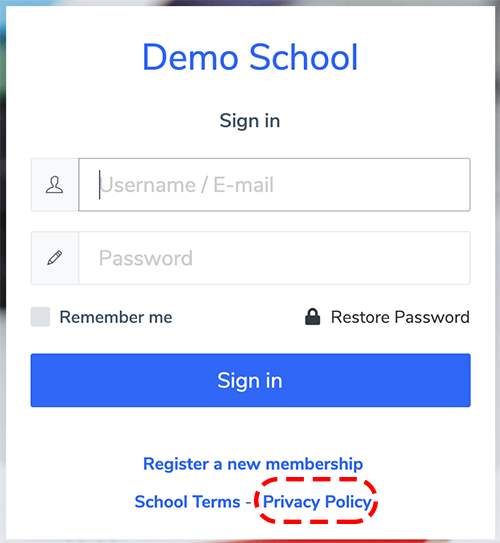 School Privacy policy on login page